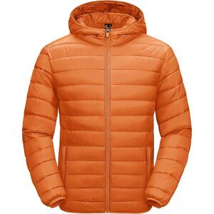 Men's Orange Hooded Water-Resistant Outerwear Warm Quilted Puffer Jacket